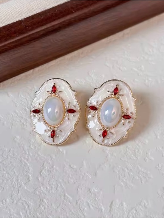 Anthropologie Jewelry - Elegant White Enamel and Red Crystal Oval Statement Earrings